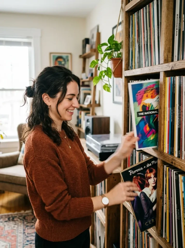 A person changing vinyl album covers on a shelf, highlighting flexible and dynamic decor.