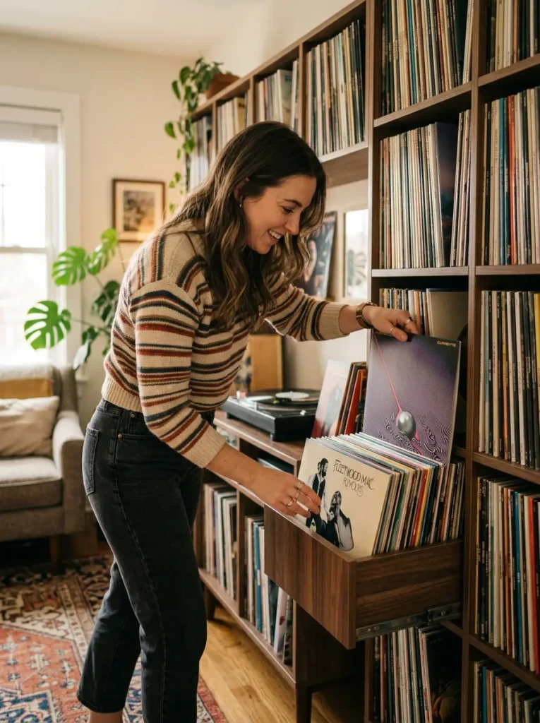 A person rotating album covers from a collection to update wall decor throughout the year.