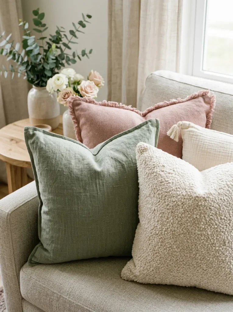 Close-up of linen and boucle pillows in sage green, cream, and blush tones