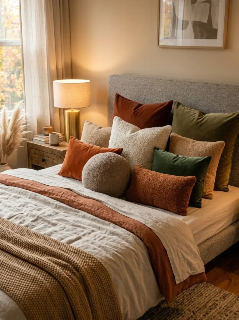 Velvet and boucle accent pillows arranged on a cozy modern bed with earthy tones and warm lighting.