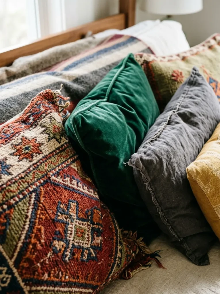 Close-up of kilim and velvet pillows adding depth and comfort to a couch.