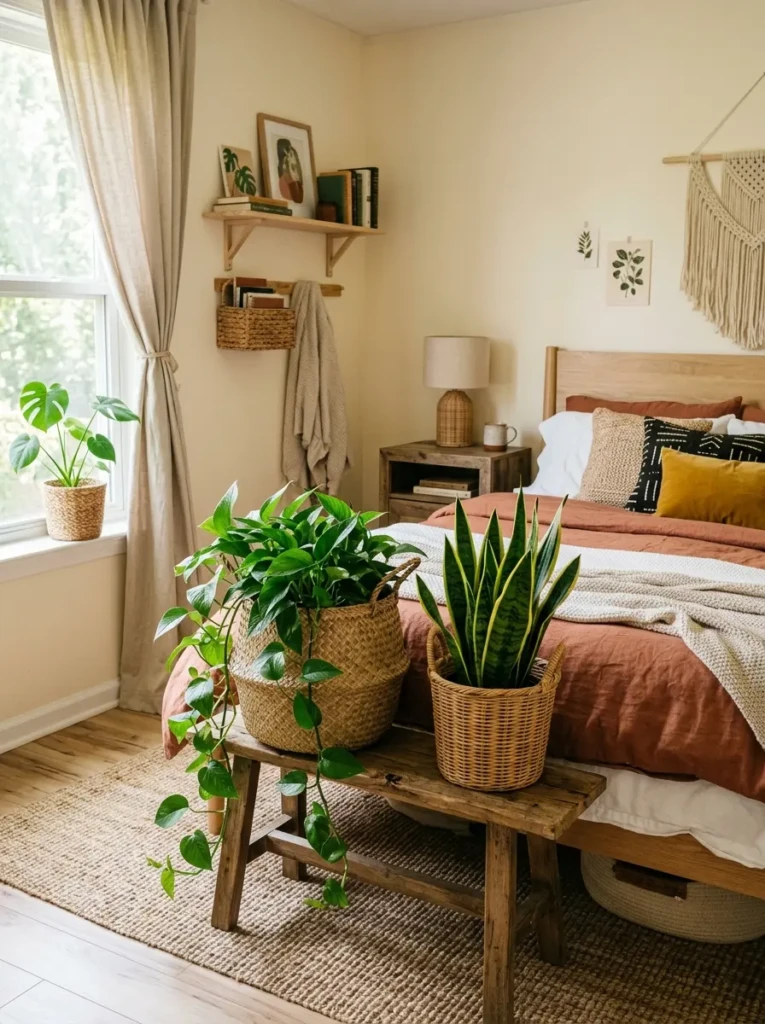Stylish bedroom with snake plants, woven baskets, and earthy cozy decor