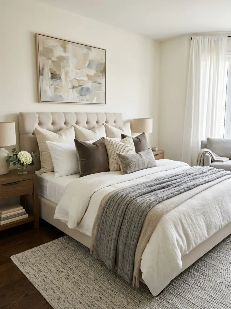 Luxurious bed with oversized Euro pillows, layered cushions, soft textures, and elegant cozy decor