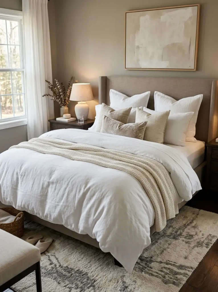 Cozy luxury bed with fluffy duvet, layered pillows, and soft neutral bedding