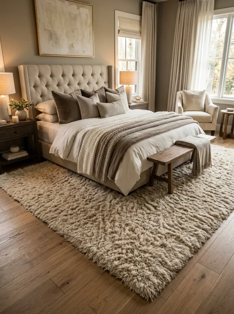 Elegant bedroom with a large soft rug underneath a luxury bed