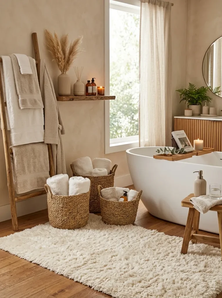Cozy luxury bathroom with fluffy towels, woven baskets, and layered soft textures