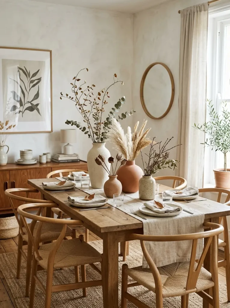 Neutral pottery vases with dried branches on cozy dining table