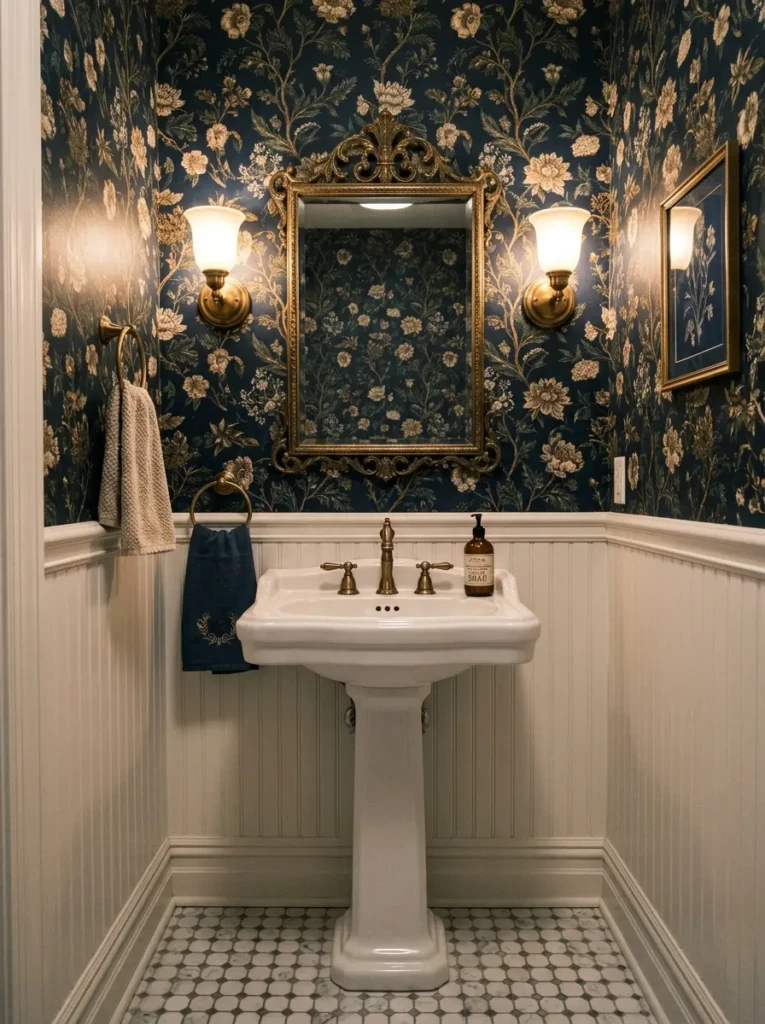 Small powder room with dark blue floral wallpaper, white wainscoting, pedestal sink, and vintage mirror.