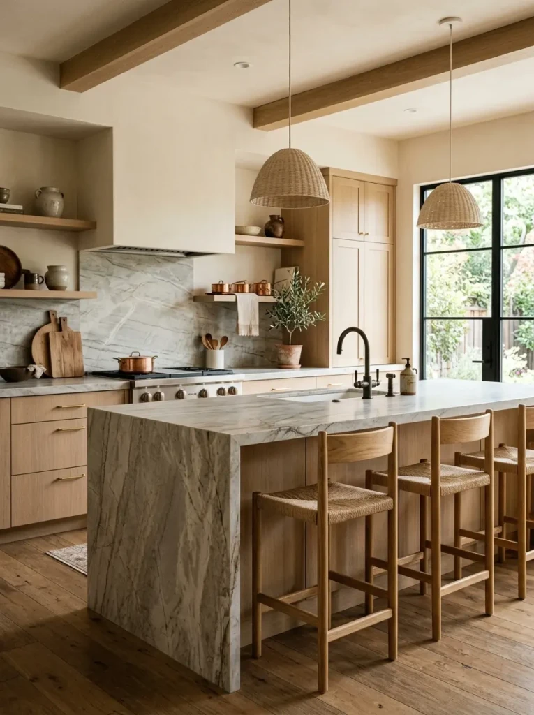 Natural stone countertops paired with simple cabinetry in a refined kitchen design.