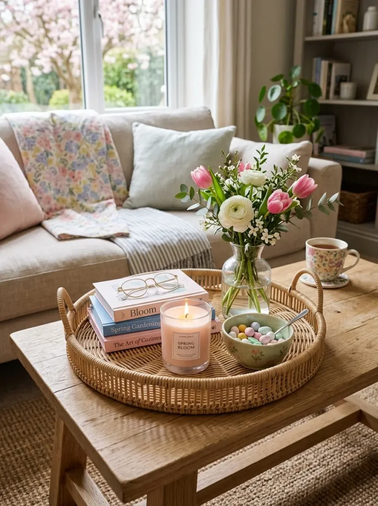 Rattan coffee table tray styled with a candle, books, bud vase, ceramic bowl, and pastel candies in a cozy spring living room.