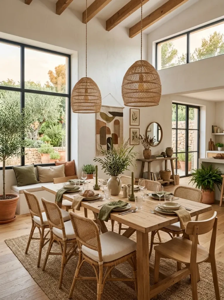 Woven rattan pendant lights in airy organic dining room with natural textures