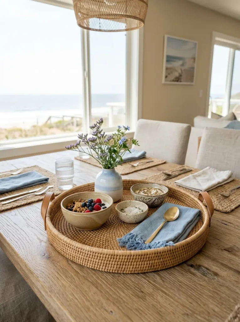 Rattan tray with ceramic decor in a soft coastal dining room