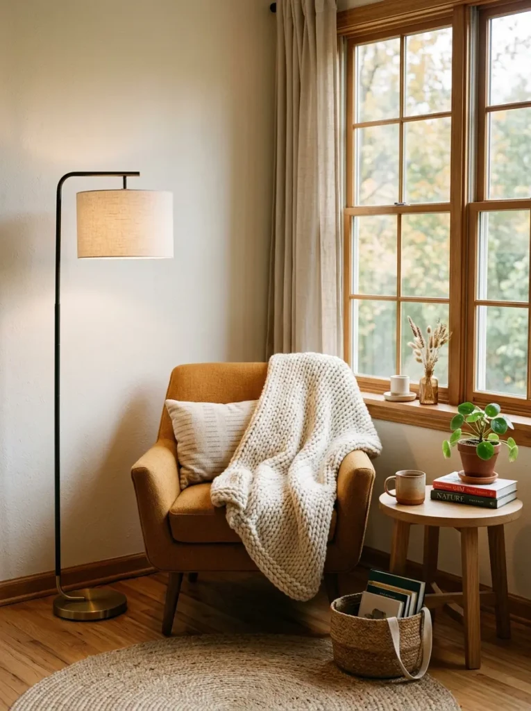 Simple reading nook with chair, lamp, and soft blanket in warm tones
