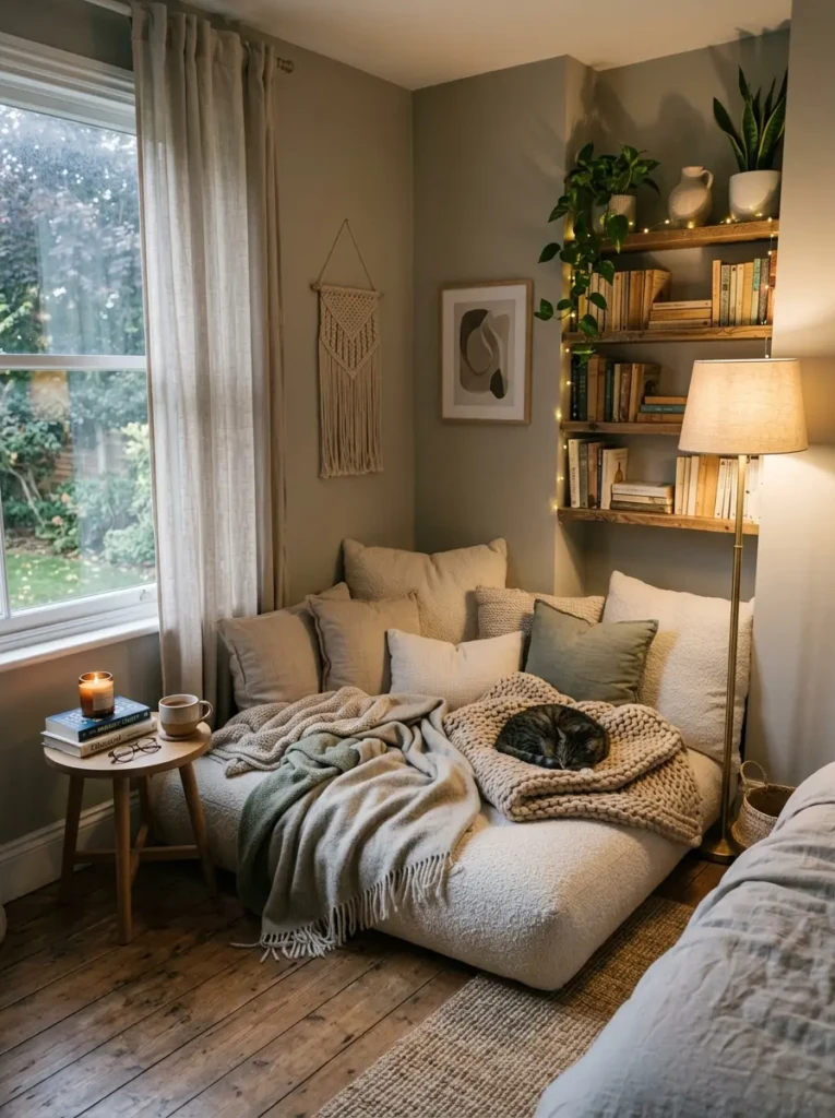 Peaceful reading corner with oversized cushions and soft neutral decor