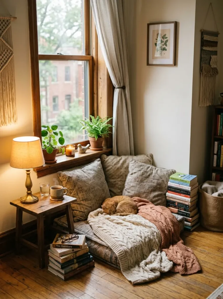 Small reading nook with cushions, knit blanket, books, and warm lamp lighting