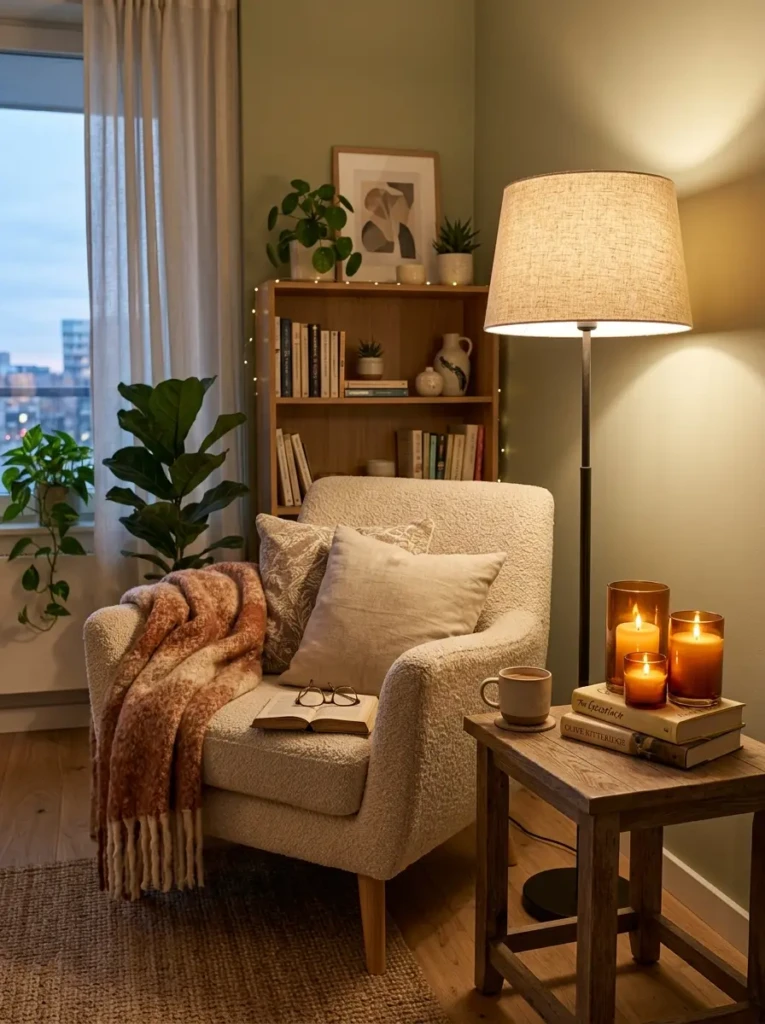 Cozy reading corner with soft lighting, amber candles, and warm layered illumination.