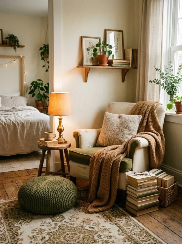 Small bedroom corner with thrifted chair, soft throw blanket, warm lamp, books, and side stool.