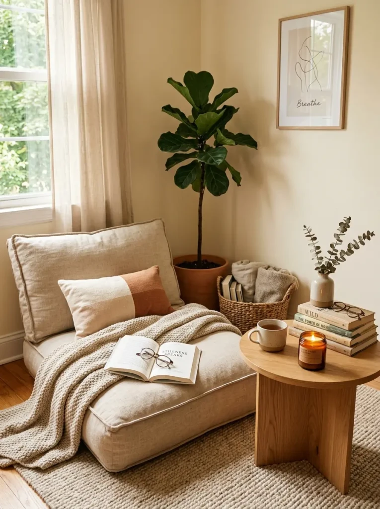 Small relaxation nook with floor cushions, books, candles, and warm inviting textures.