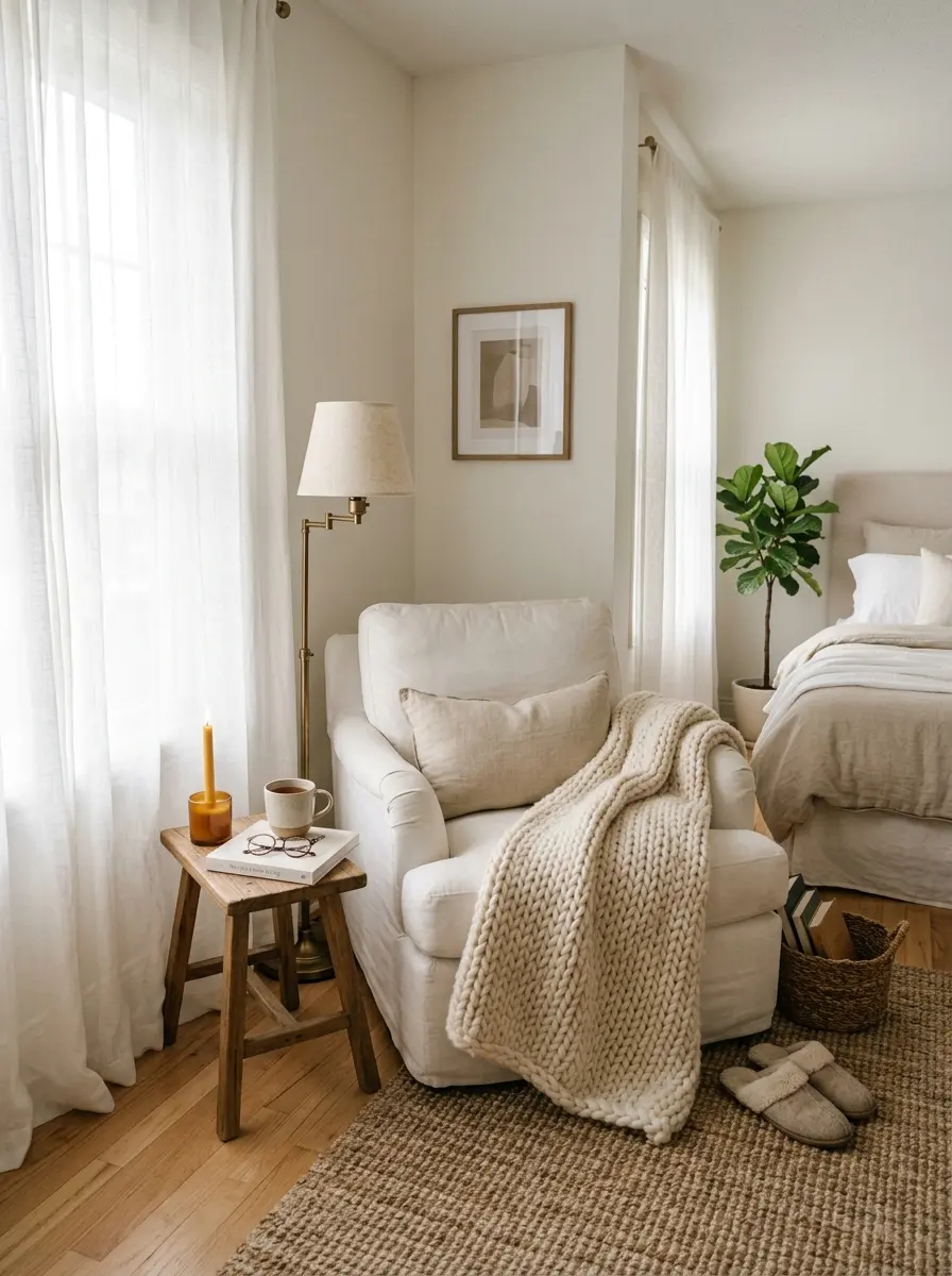 A cozy bedroom corner featuring a white armchair, knit throw, and soft diffused light for a peaceful feel