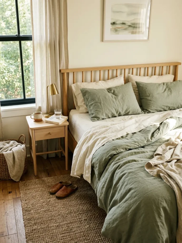 Cozy bed with slightly wrinkled linen sheets in ivory and sage under soft sunlight