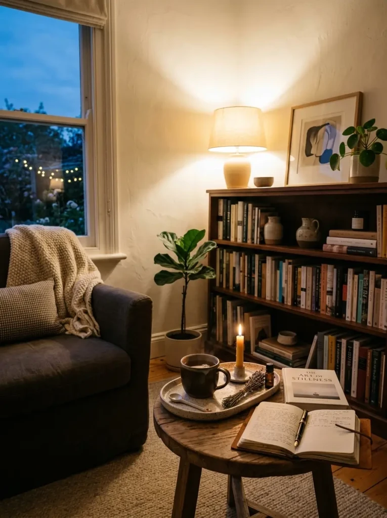 Elegant study room corner with ceramic mug tray, bookshelf, and soft cozy lamp lighting.