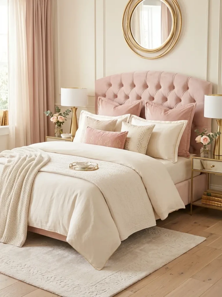 Dreamy blush pink and cream bed styling with velvet pillows, gold accents, and elegant feminine decor