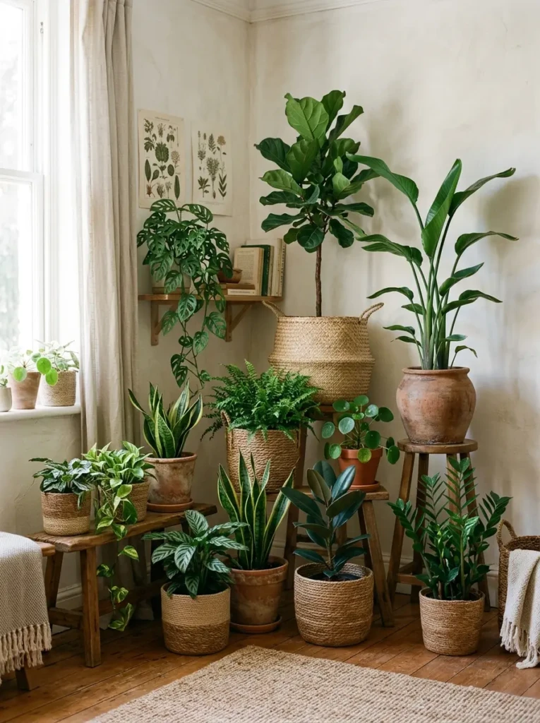 A cozy corner with layered indoor plants in woven baskets and clay pots.
