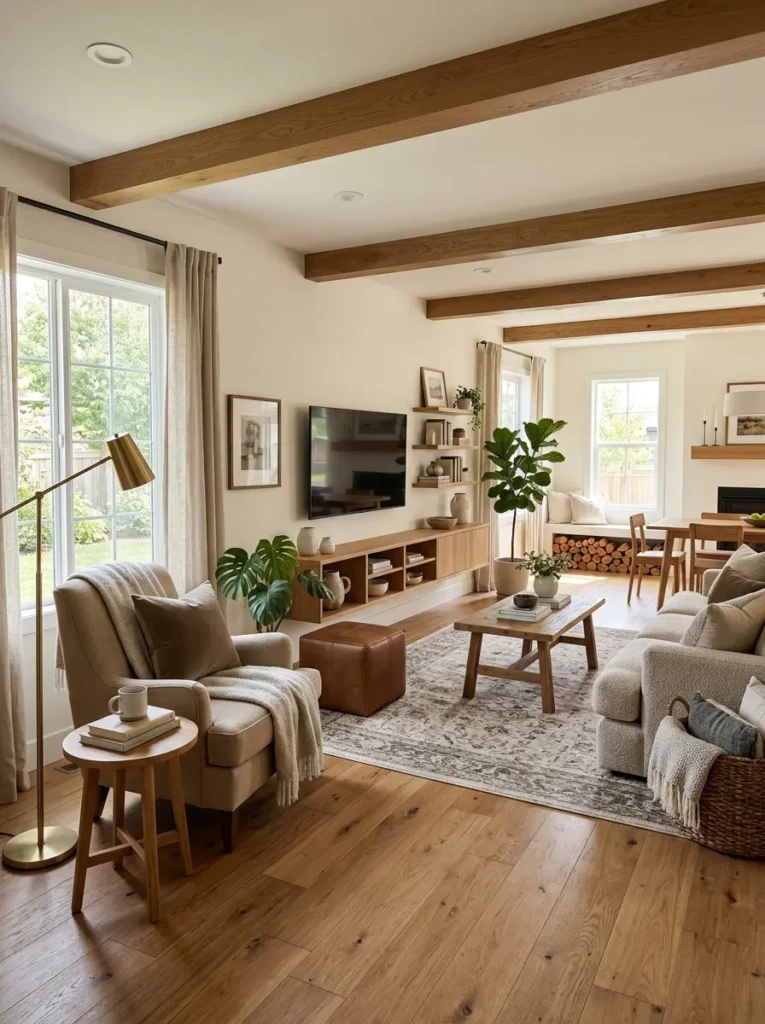 Bedroom with balanced furniture placement, reading nook, and warm inviting decor styling.