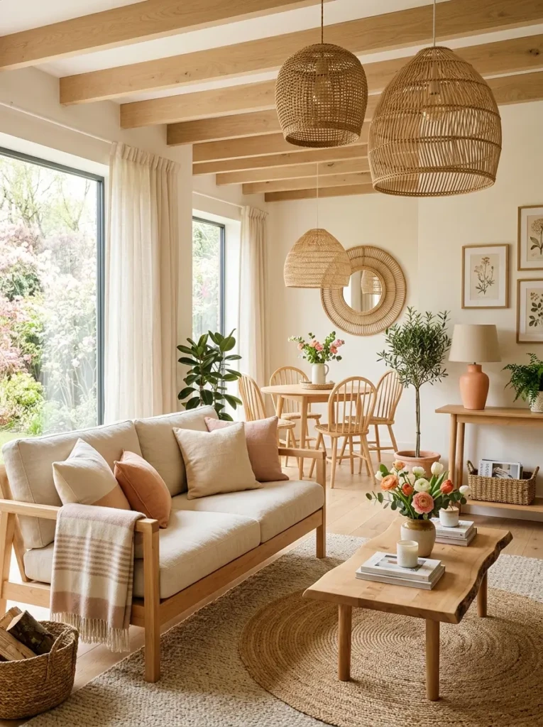 Elegant room with peach accents, woven lighting, and cream textiles