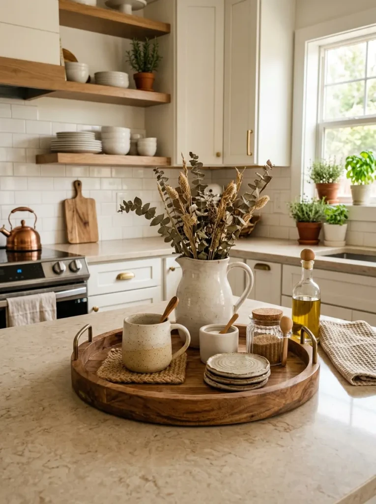 Round wooden tray with ceramic accessories and woven textures on cozy kitchen counter