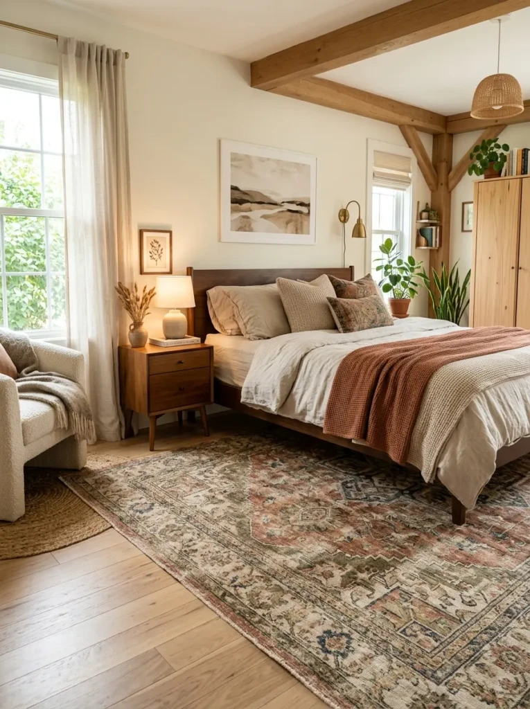 Affordable vintage-style rug adding warmth and texture to a cozy modern bedroom.