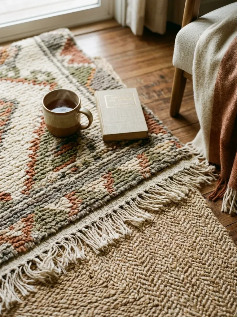 Close-up of layered rugs in soft tones creating a cozy floor setting