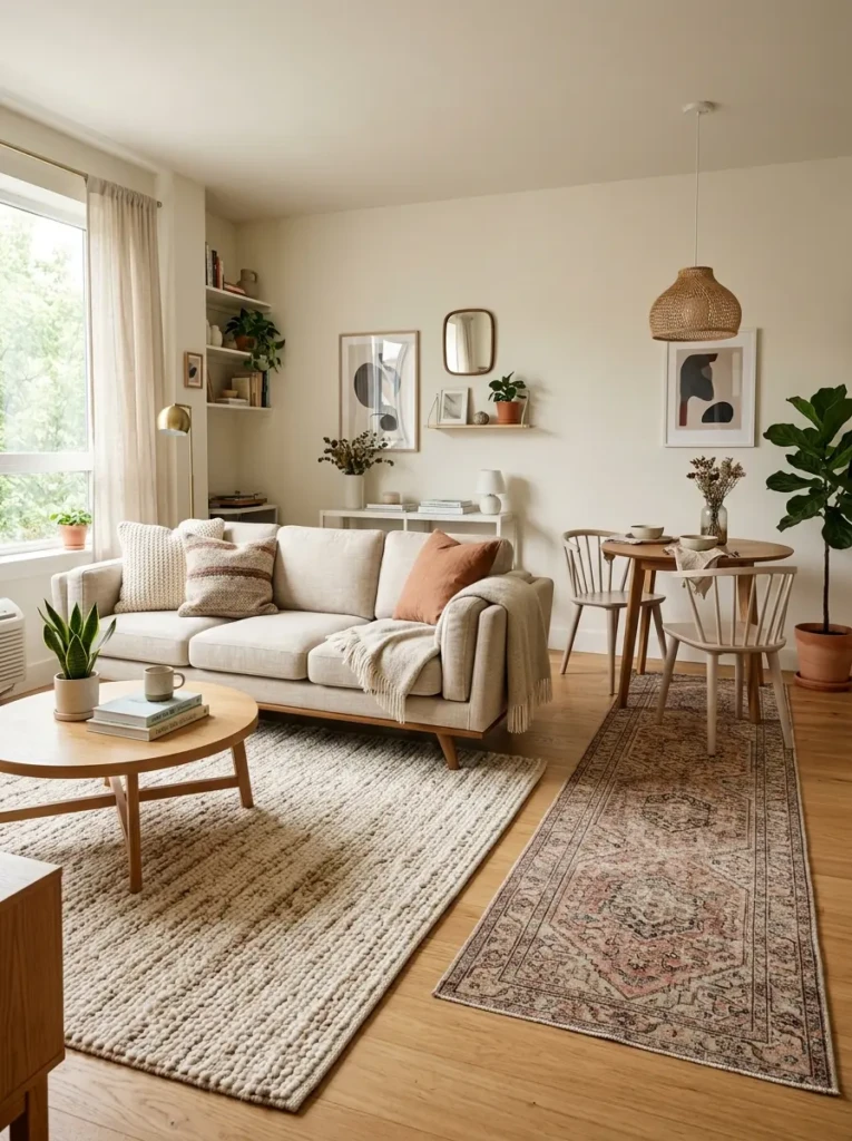 Textured rug under modern sofa with vintage runner in cozy apartment