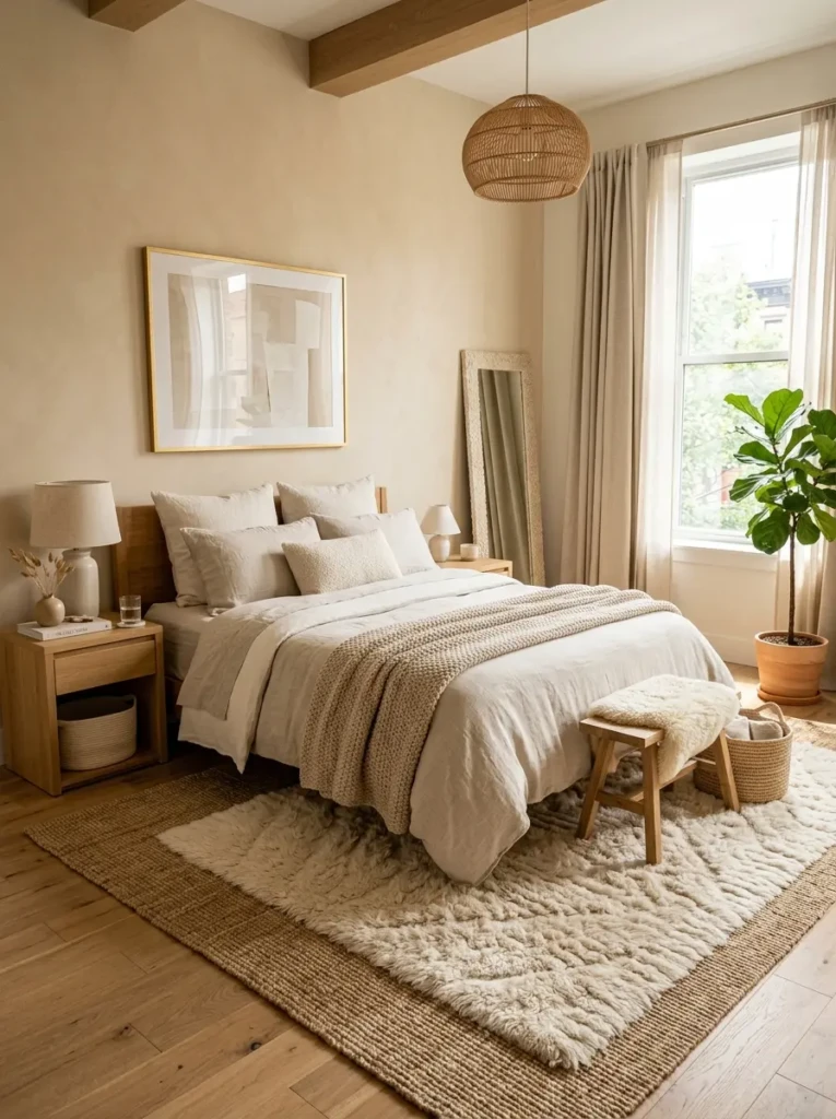 Soft layered rugs in warm neutral bedroom with inviting cozy aesthetic