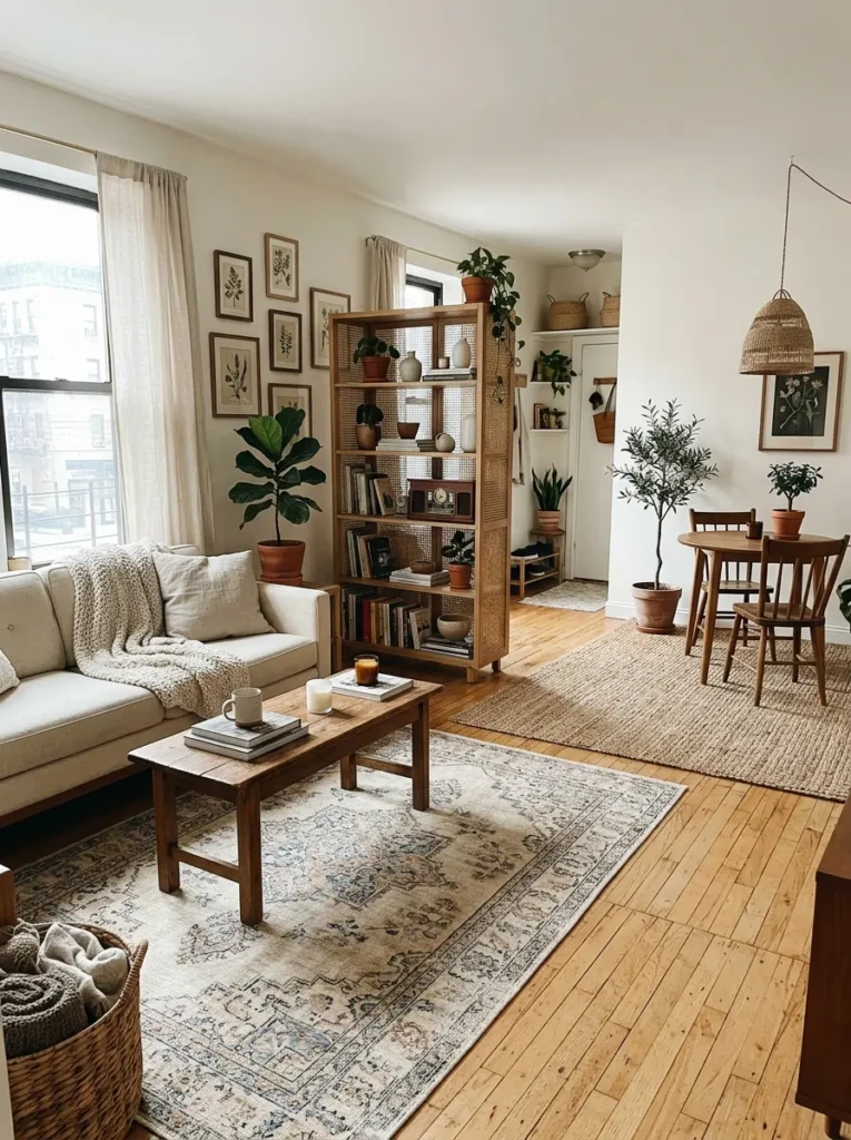 Small apartment with vintage-style neutral rugs and cozy woven textures.