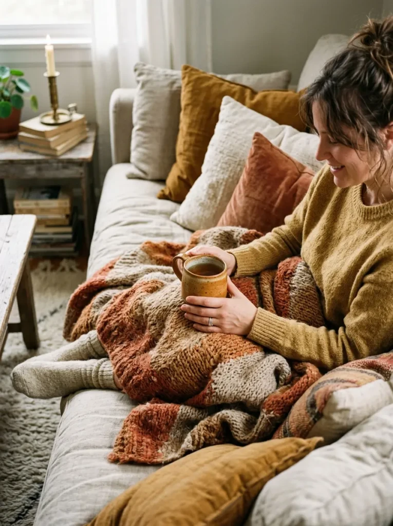 Close-up of rumpled fabrics and warm textures creating an authentic boho feel.