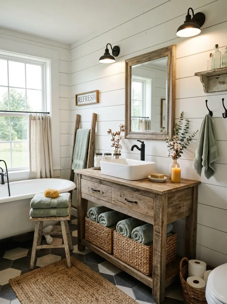 Cozy farmhouse bathroom with shiplap walls, weathered wood vanity, black hardware, woven baskets, and vintage mirror.