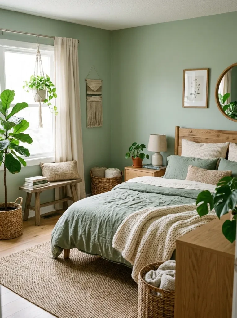 Calm earthy green bedroom with layered bedding, natural wood furniture, and cozy textures