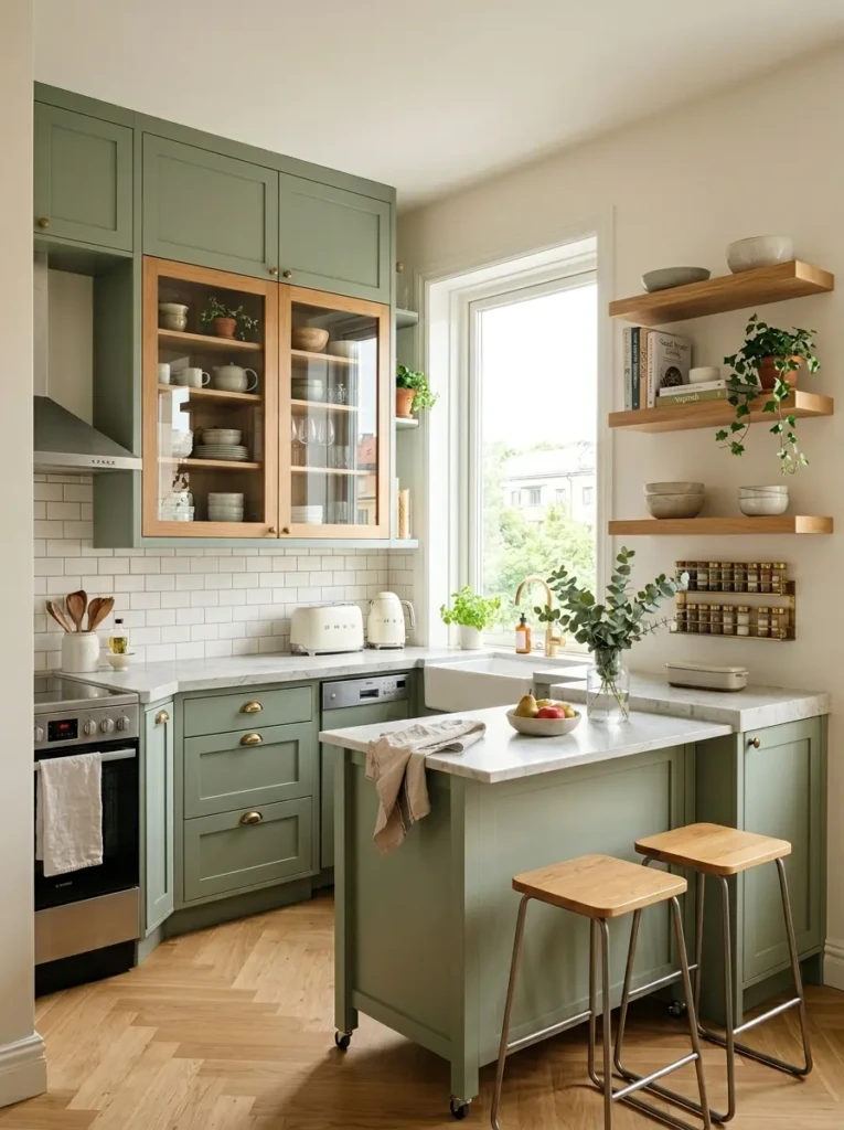 Compact sage green kitchen with floating shelves, light countertops, and airy design