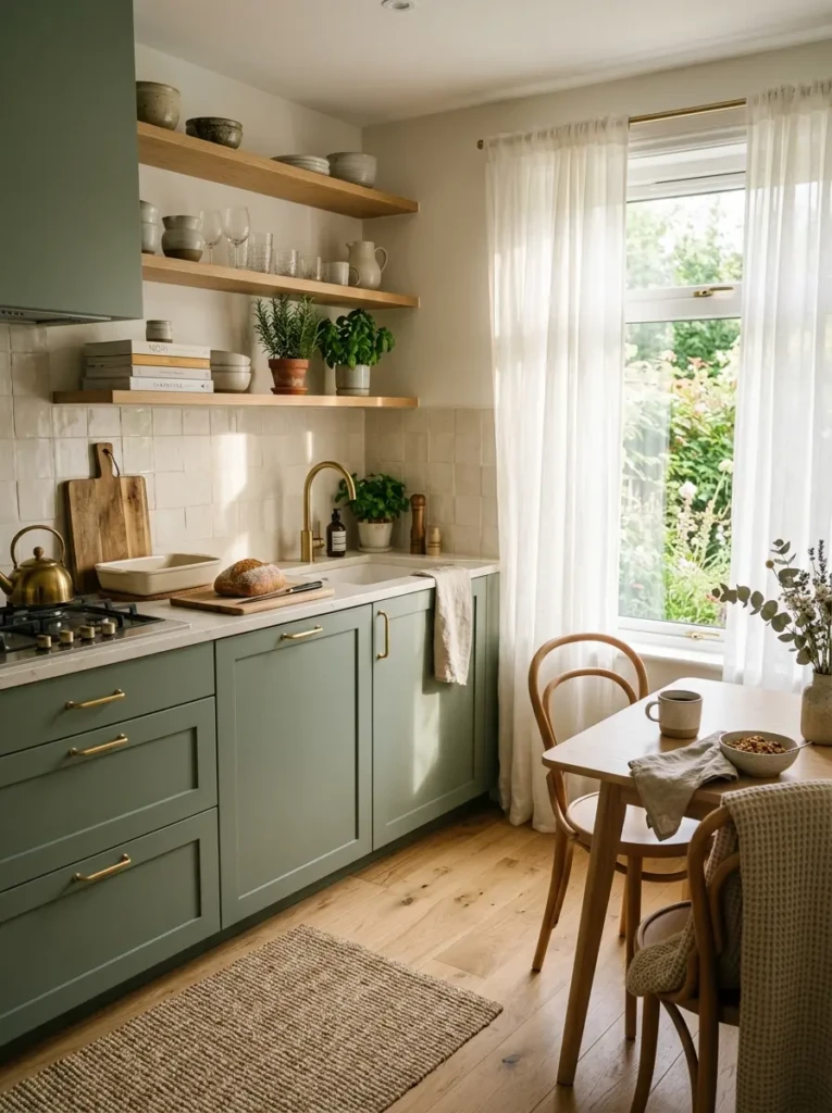 Sage green kitchen with matte cabinets, brass hardware, creamy countertops, and warm natural light