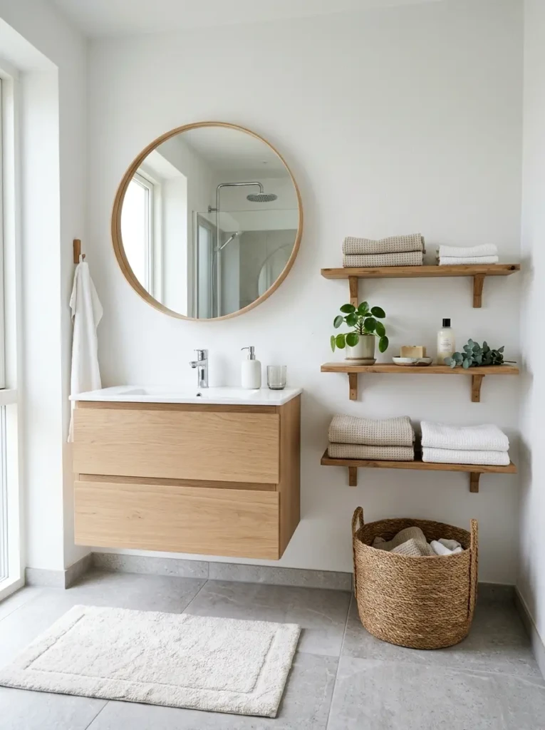 Bright Scandinavian bathroom with white walls, pale oak vanity, linen towels, wood shelves, woven basket, and simple decor.