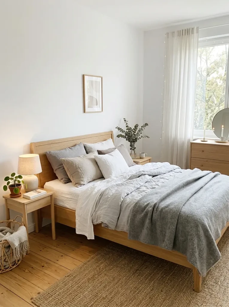 Bright Scandinavian bedroom with white walls soft grey textiles and wooden furniture creating a light and cozy feel