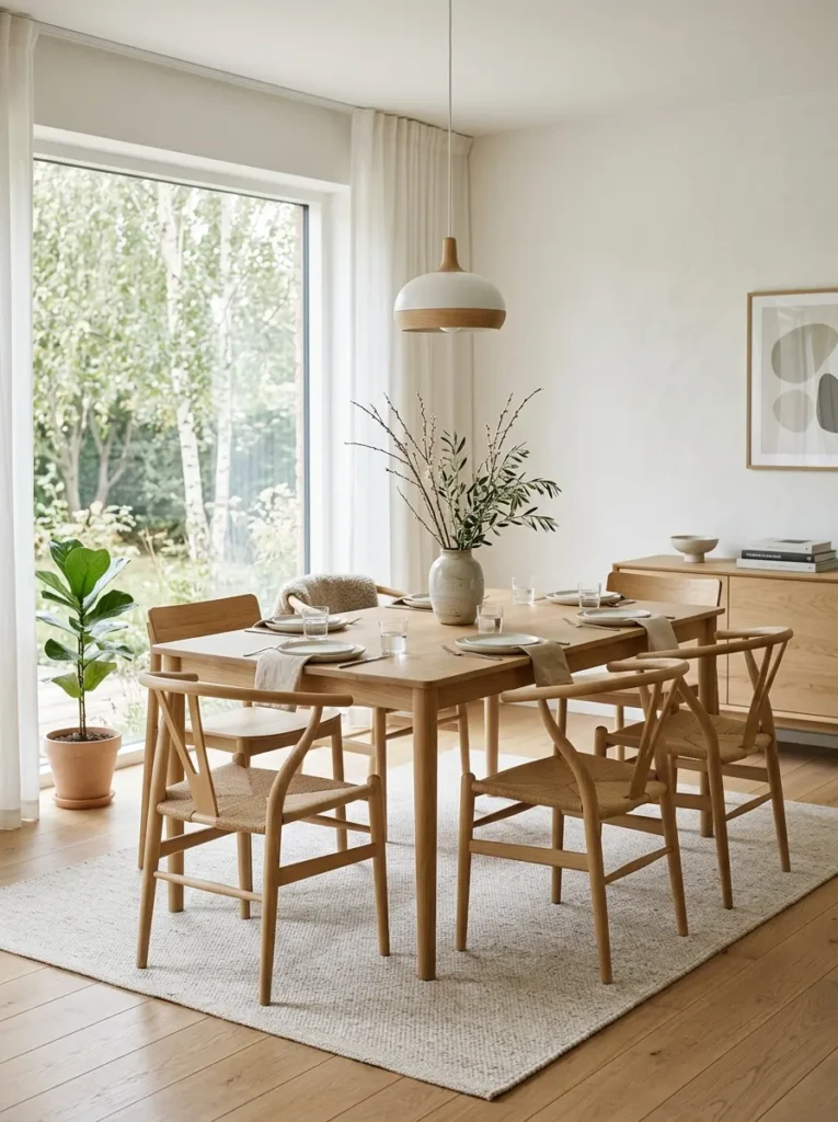Minimal Scandinavian dining room with a pale neutral rug and soft airy decor.