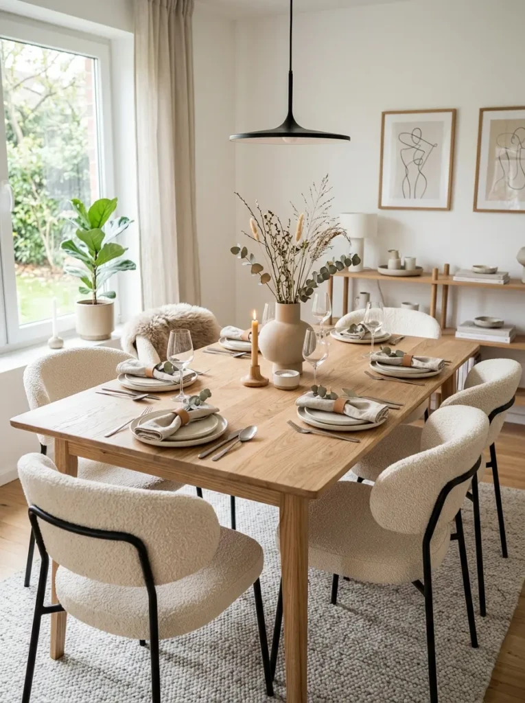 Scandinavian wooden dining room with boucle chairs, linen textures, and minimalist styling.