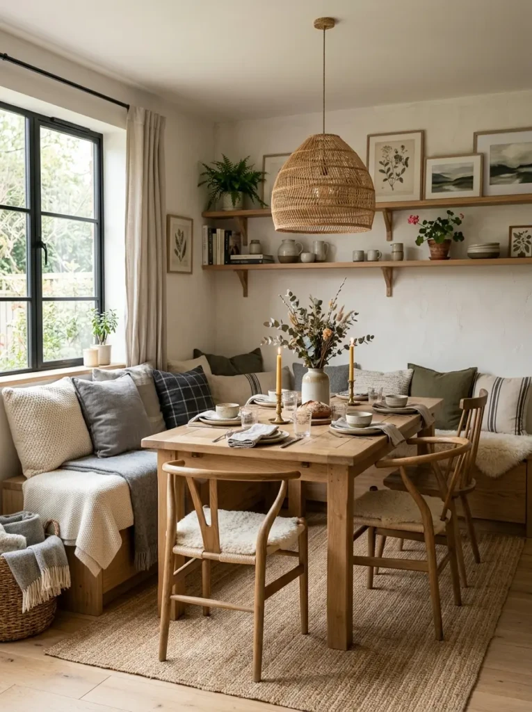 Scandinavian-inspired dining space with farmhouse table, cushions, and cozy bench seating.