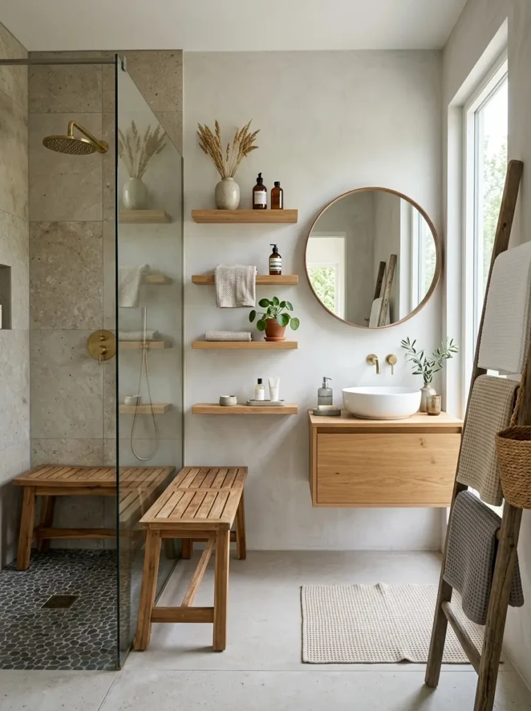 Modern minimalist shower with built-in wall niches, brushed fixtures, and warm stone textures.
