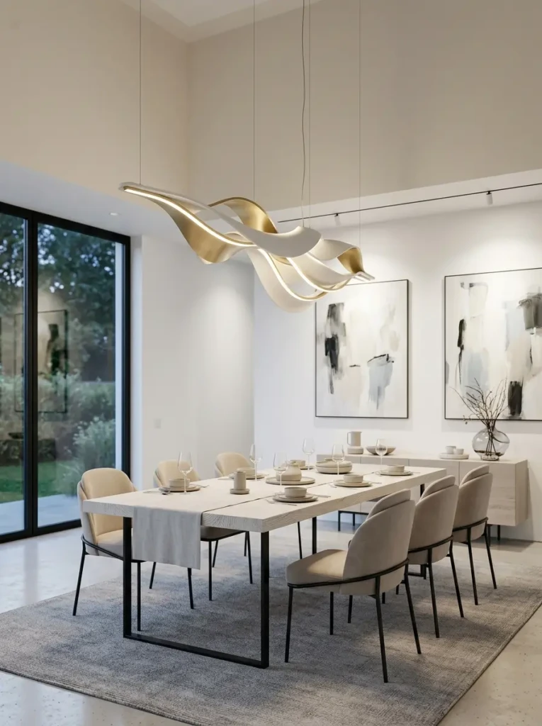 Artistic sculptural pendant light above minimalist modern dining table