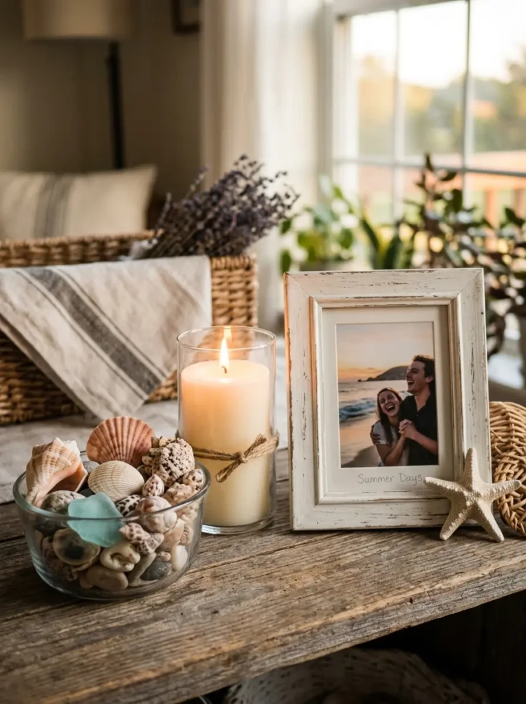 Close-up of seashells, candle, and framed memory adding charm to bedroom decor