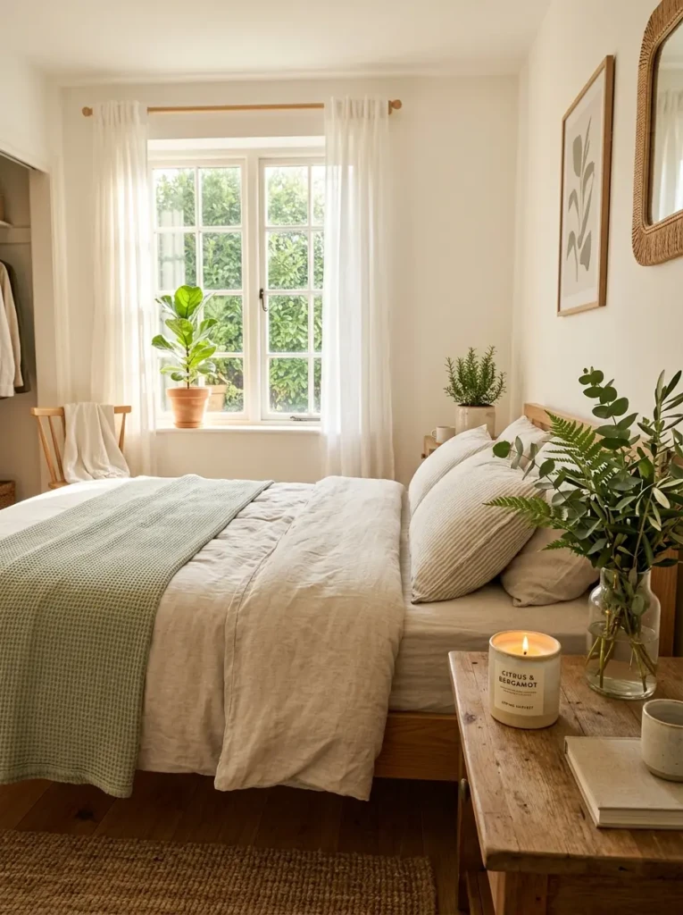 Cozy spring bedroom with fresh greenery and lightweight blankets