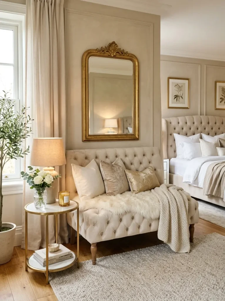 Luxury bedroom featuring tufted bench and soft neutral decor accents
